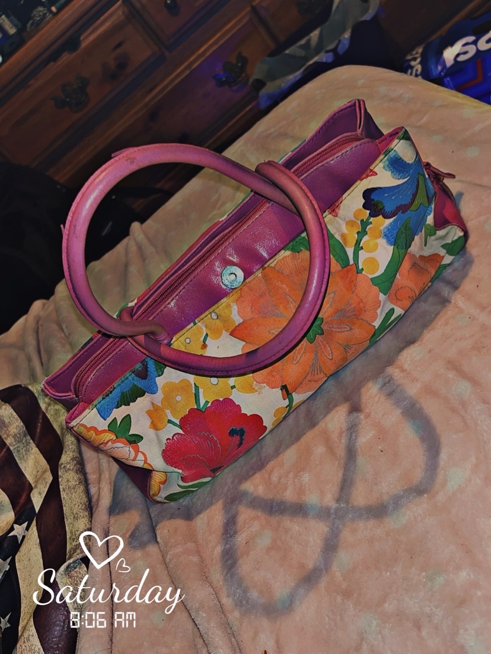 Floral Canvas Top-Handle Bag in Pink